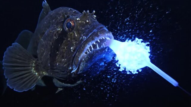 Deep-sea anglerfish with bioluminescent lure in dark ocean depths