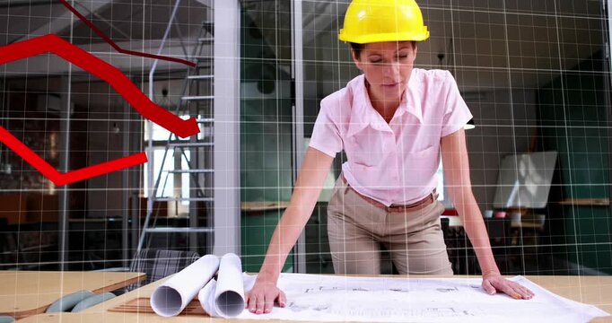 Animation of data processing over caucasian female worker with schema