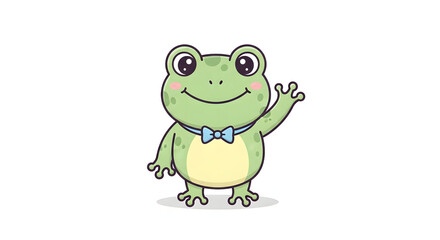 Fototapeta premium Cute cartoon frog with a bowtie waving hello, friendly kawaii character illustration isolated on white