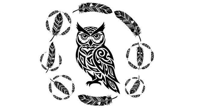 Owl with feather circle design.