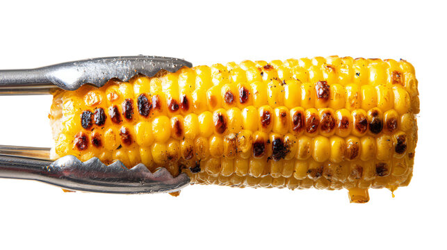 Grilled corn on the cob held with metal tongs