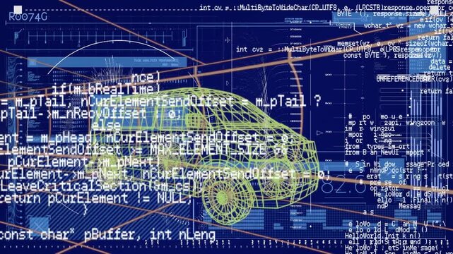 Animation of hud processing with data coding against 3d model of wireframe van on digital interface