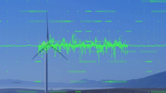 Animation of statistics and financial data processing over wind turbine in countryside
