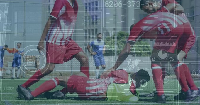 Animation of statistics and data processing over diverse football players on pitch