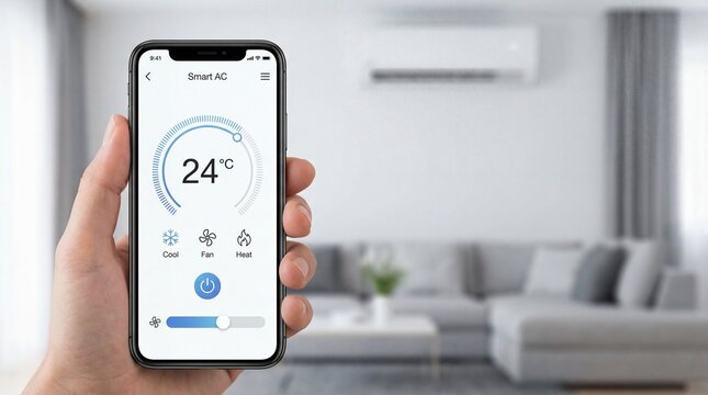 Ceiling cassette air conditioning with ventilation parts concept. Hand holding smartphone displaying smart air conditioning control.