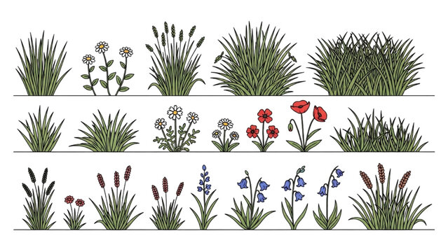 Various plants and flowers in vector CAD design style on white