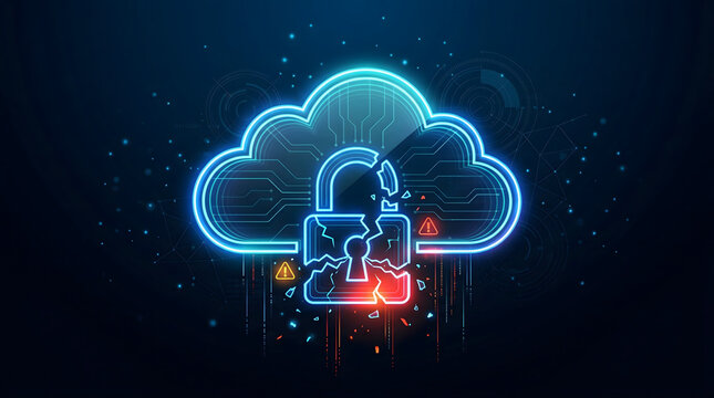cyber security breach concept with broken glowing padlock icon inside neon cloud computing circuit line on dark background representing data hack and network vulnerability