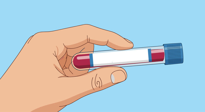 Close-up illustration of a hand holding a medical test tube filled with a blood sample for analysis in a laboratory setting.