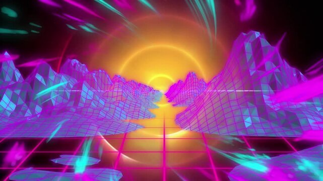 Animation of glowing map over kaleidoscopic shapes on black background