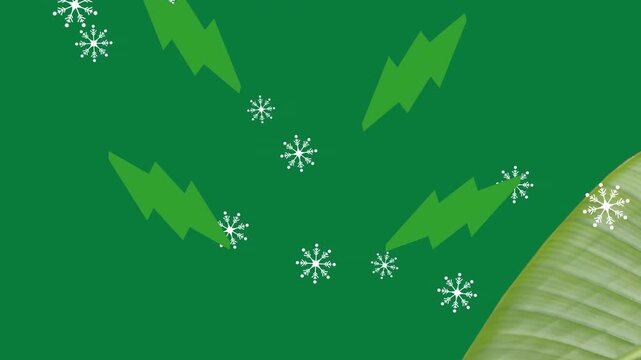 Animation of snow falling and lightning icons on green background