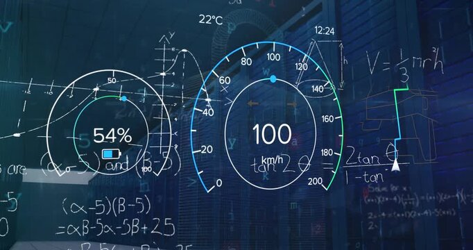 Animation of speedometer, battery indicator, equations, database and falling digits over server room