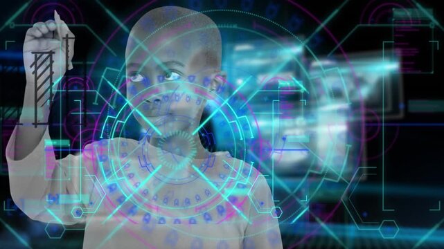 Animation of neon shapes over afircan american boy and diverse data on digital screens
