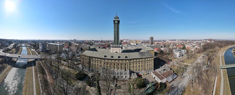Aerial view of the town hall in Ostrava, which is called the new town hall. Drone view from the Ostravice River.
