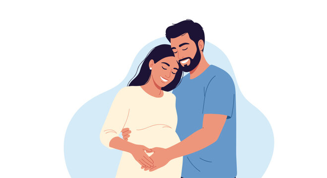 Happy and loving husband tenderly hugging his pregnant wife from behind, both with closed eyes, anticipating their new baby.