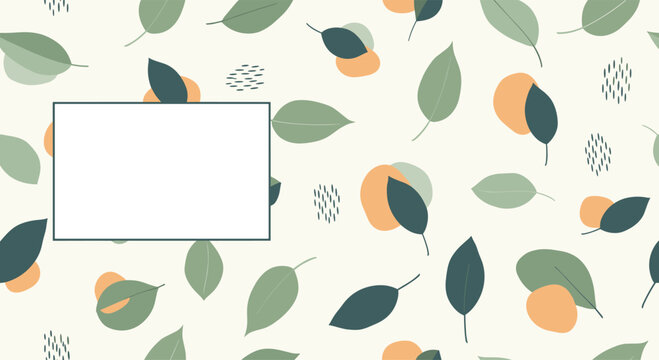 Calm and natural background pattern with green leaves and abstract shapes, featuring a blank white rectangle for custom text.