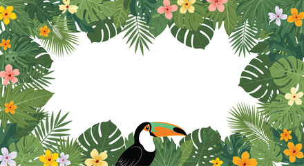 Naklejka premium Tropical summer frame with a toucan bird peeking out from behind lush green monstera leaves and colorful exotic flowers.