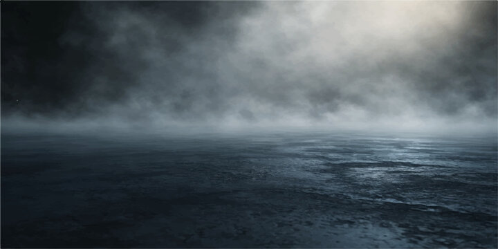 Dramatic dark storm clouds gather over a moody blue sea where natural light pierces through the heavy rain and thick fog to create an abstract heaven against the deep black ocean water