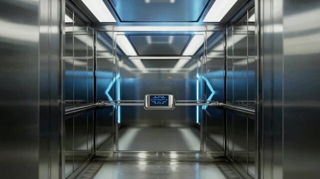 Modern Glass Elevator With Neon Blue Light Futuristic Interior Animation
