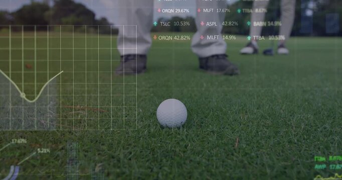 Animation of stock market data processing over low section of man playing golf at the golf course