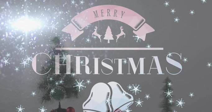 Animation of christmas greetings text over christmas tree and decorations