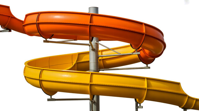 A vibrant orange and yellow waterslide spirals down a metal structure outdoors