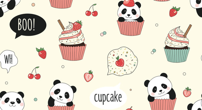 A cute and seamless pattern featuring adorable panda bears inside cupcakes, along with strawberries, cherries, and fun speech bubbles like 'BOO!'.