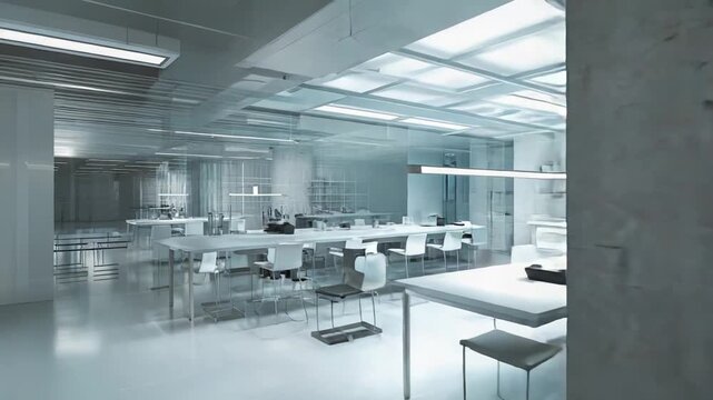 Modern science laboratory interior with sleek minimalist architecture, bright sterile surfaces and advanced clinical equipment symbolizing research, biotech innovation and precision