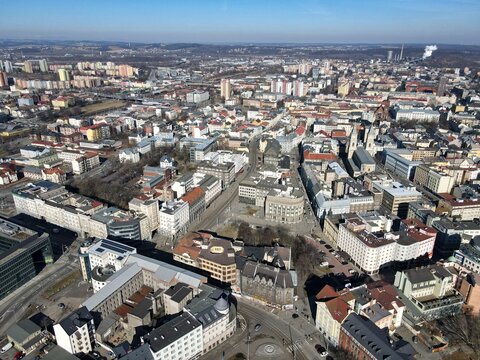 Aerial view of the city center of Ostrava, Czech Republic. Drone view of Ostrava.