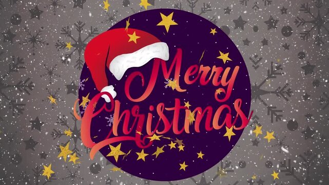 Animation of snowflakes and stars over merry christmas text banner against grey background