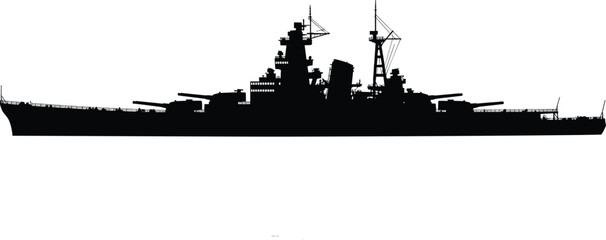 Battleship silhouette, naval warship, heavy gun turrets, radar masts, military vessel, ocean defense, war concept, maritime engineering, black illustration artwork © MstFojila