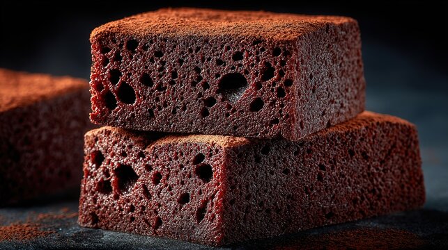 Macro of brown dark porous chocolate with three stacked pieces arranged against deep shadowy background