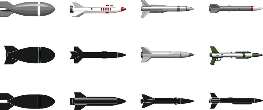 Bombs and missiles silhouettes, military weapons, aerial bombs, guided missiles, defense technology, war concept, combat equipment, black illustration artwork