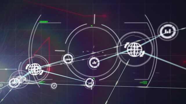 Animation of glitch effect and scope scanning over network of digital icons and rainbow light spots