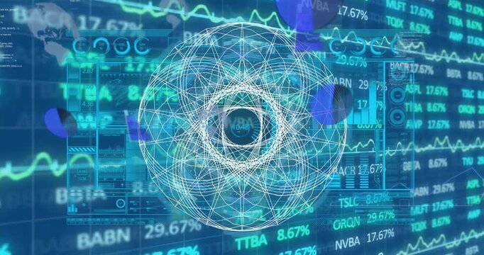 Animation of abstract geometric shape over interface with stock market data processing