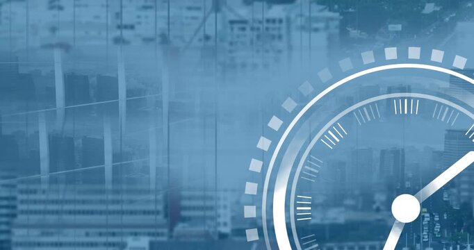 Animation of ticking clock icon against aerial view of city traffic