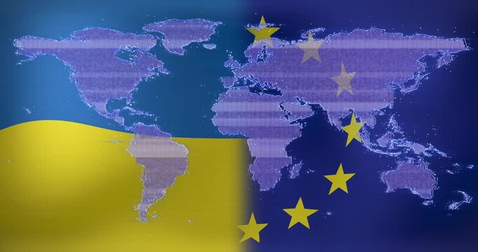 Animation of digital map moving over ukraine flag and european union flag