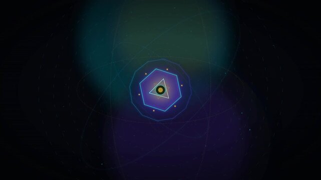 Abstract geometric shapes and glowing lines forming a complex digital mandala with orbiting elements on a dark