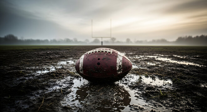 American Football Ball Resting on Muddy Field.
