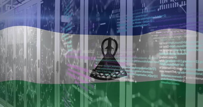 Animation of flag of lesotho over computer language against connected dots on server room