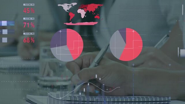 Animation of infographic interface over midsection of caucasian children writing in notebooks