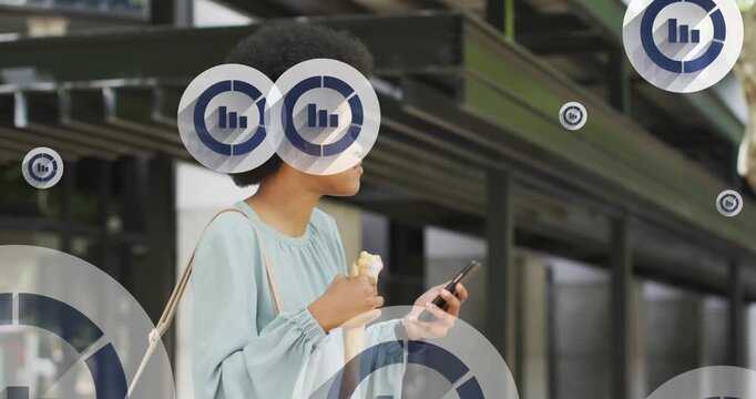 Animation of graph icon in circles over woman eating while scrolling on smartphone