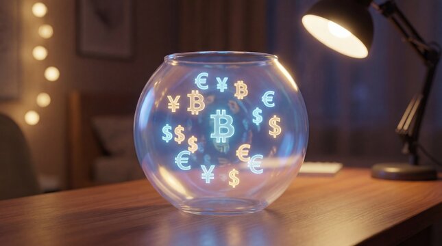 Bitcoin and Currency Symbols in Fishbowl, Digital Finance Concept
