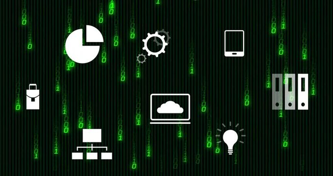 Technology icons including pie chart and light bulb over binary code animation