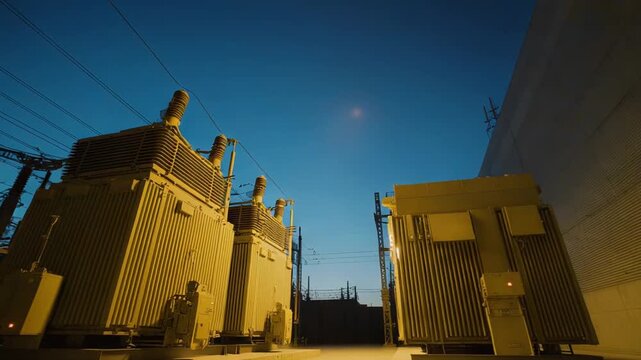 Industrial landscape of a power generation facility showcasing multiple large electrical transformers and a network of high voltage power lines, distributing electricity