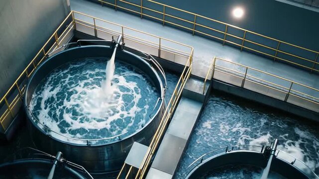 Industrial facility using large tanks and advanced infrastructure to treat and purify water, creating clean effluent for various applications and ensuring environmental safety