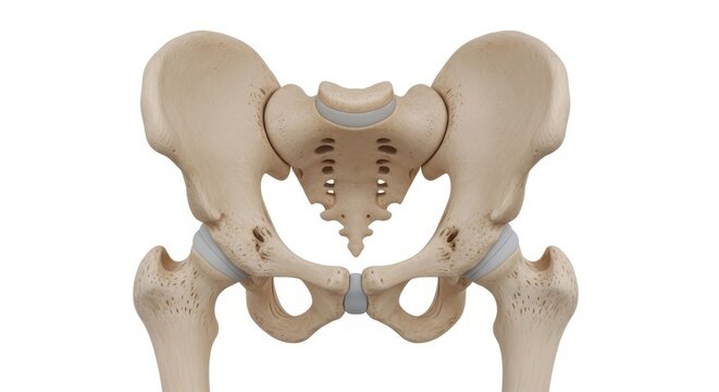 Anterior view of the human pelvis with a surgical fixation plate installed isolated on white background