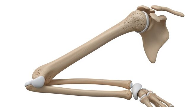 Anatomical illustration of the human humerus, radius, and ulna bones isolated on white background