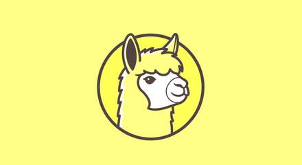 Fototapeta premium Cute cartoon llama head illustration in a yellow circle. Adorable furry animal icon or avatar design with a friendly expression.