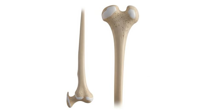 Anatomical illustration of a human humerus bone with highlighted articular surfaces isolated on white background