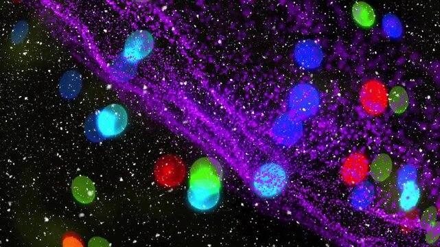 Purple liquid ribbon emerging and sweeping diagonally then fragmenting into mist for fluid demo